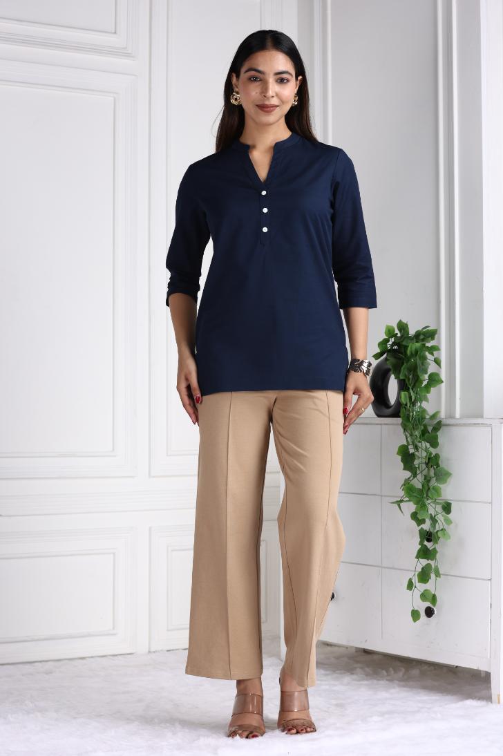 Navy Cotton Linen Short Kurti - Short kurta