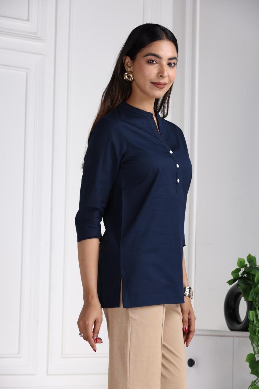 Navy Cotton Linen Short Kurti - Short kurta