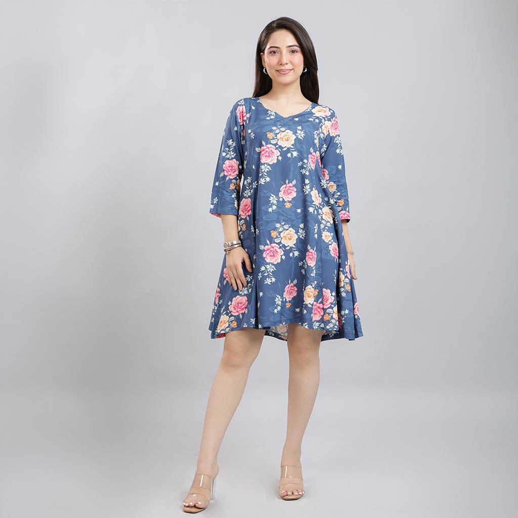 Navy Floral Bliss Dress [100% pure rayon] -Cotton midi dress
