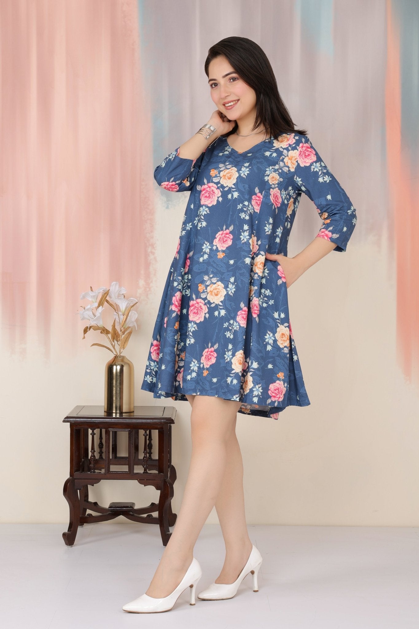 Navy Floral Bliss Dress [100% pure rayon] -Cotton midi dress