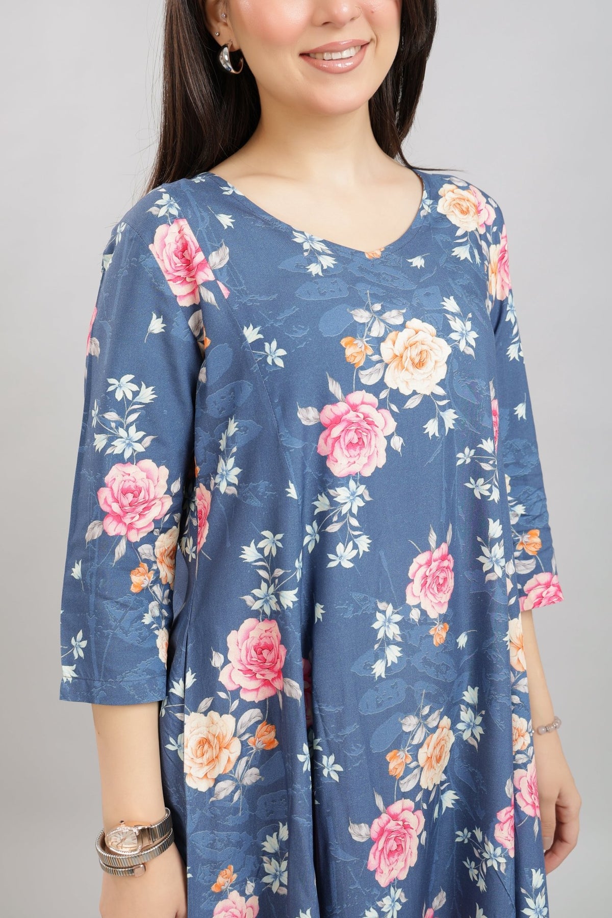 Navy Floral Bliss Dress [100% pure rayon] -Cotton midi dress