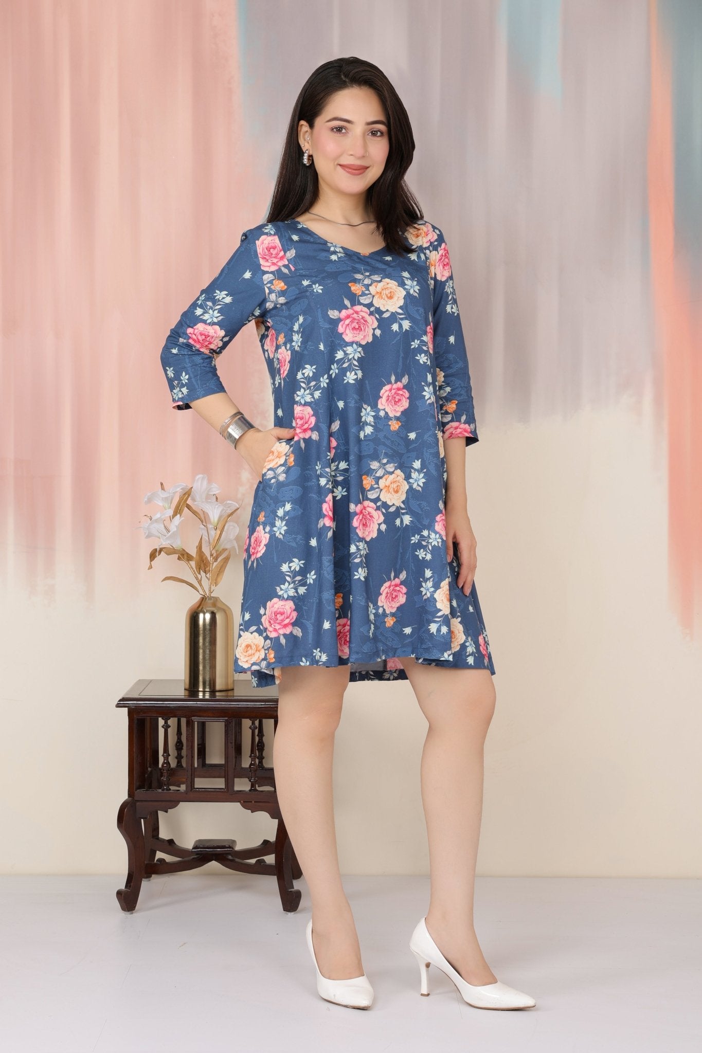Navy Floral Bliss Dress [100% pure rayon] -Cotton midi dress