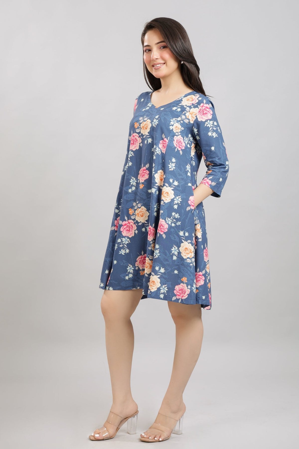 Navy Floral Bliss Dress [100% pure rayon] -Cotton midi dress