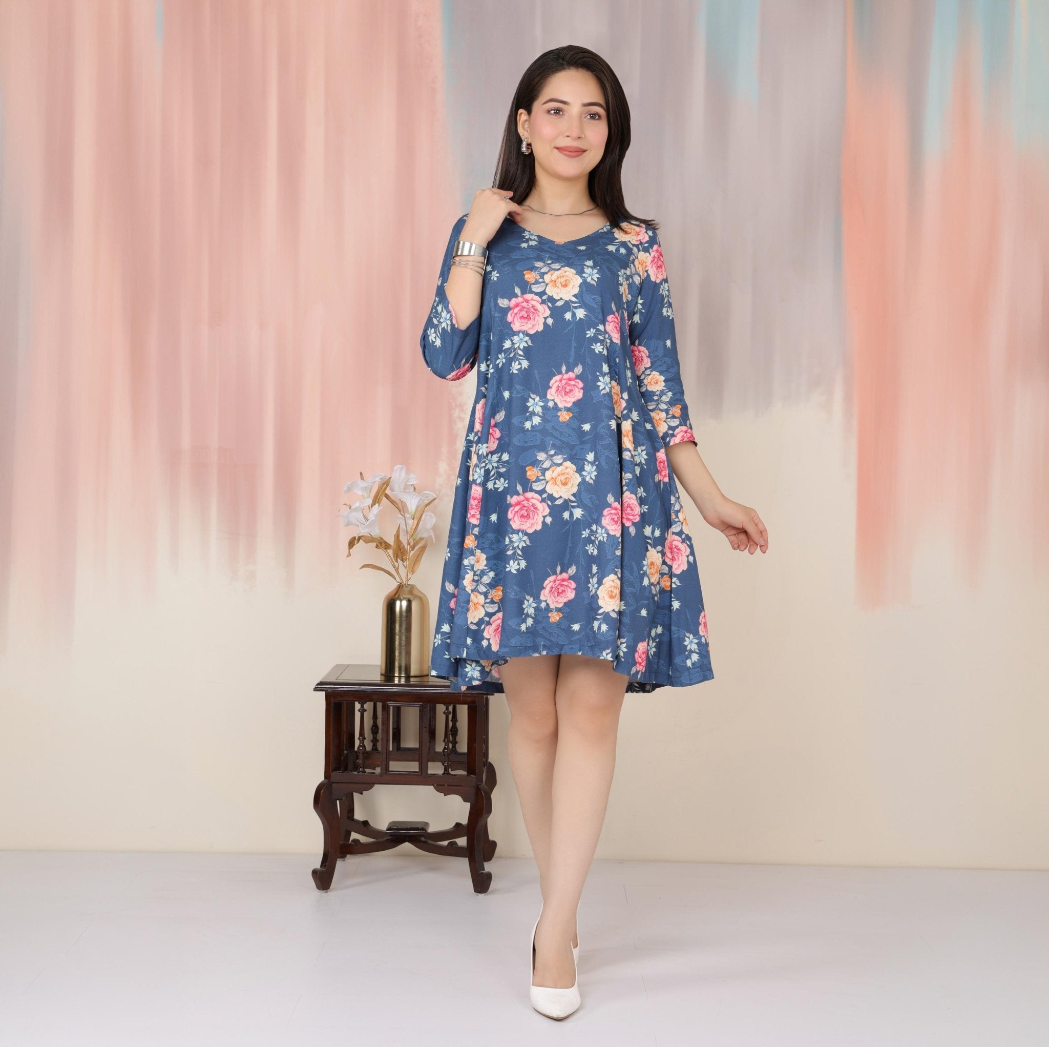 Navy Floral Bliss Dress [100% pure rayon] -Cotton midi dress