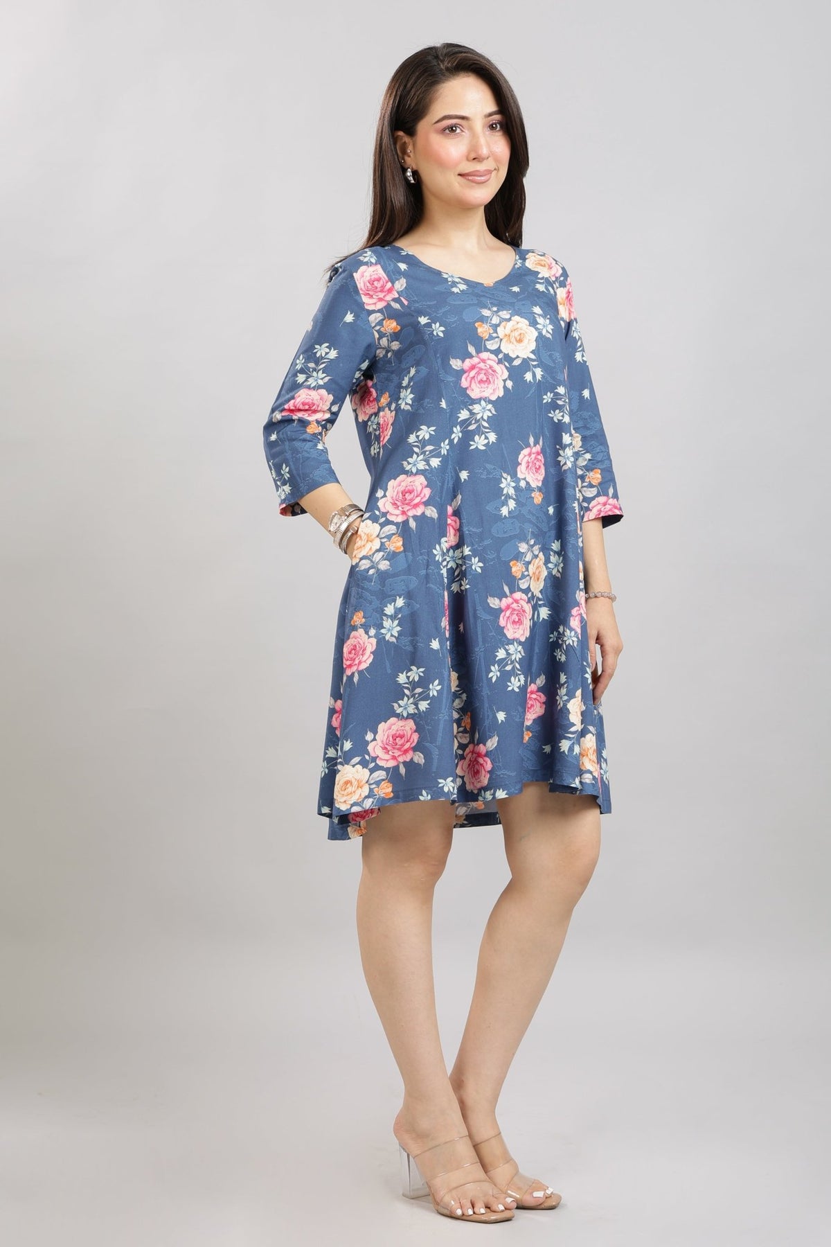 Navy Floral Bliss Dress [100% pure rayon] -Cotton midi dress