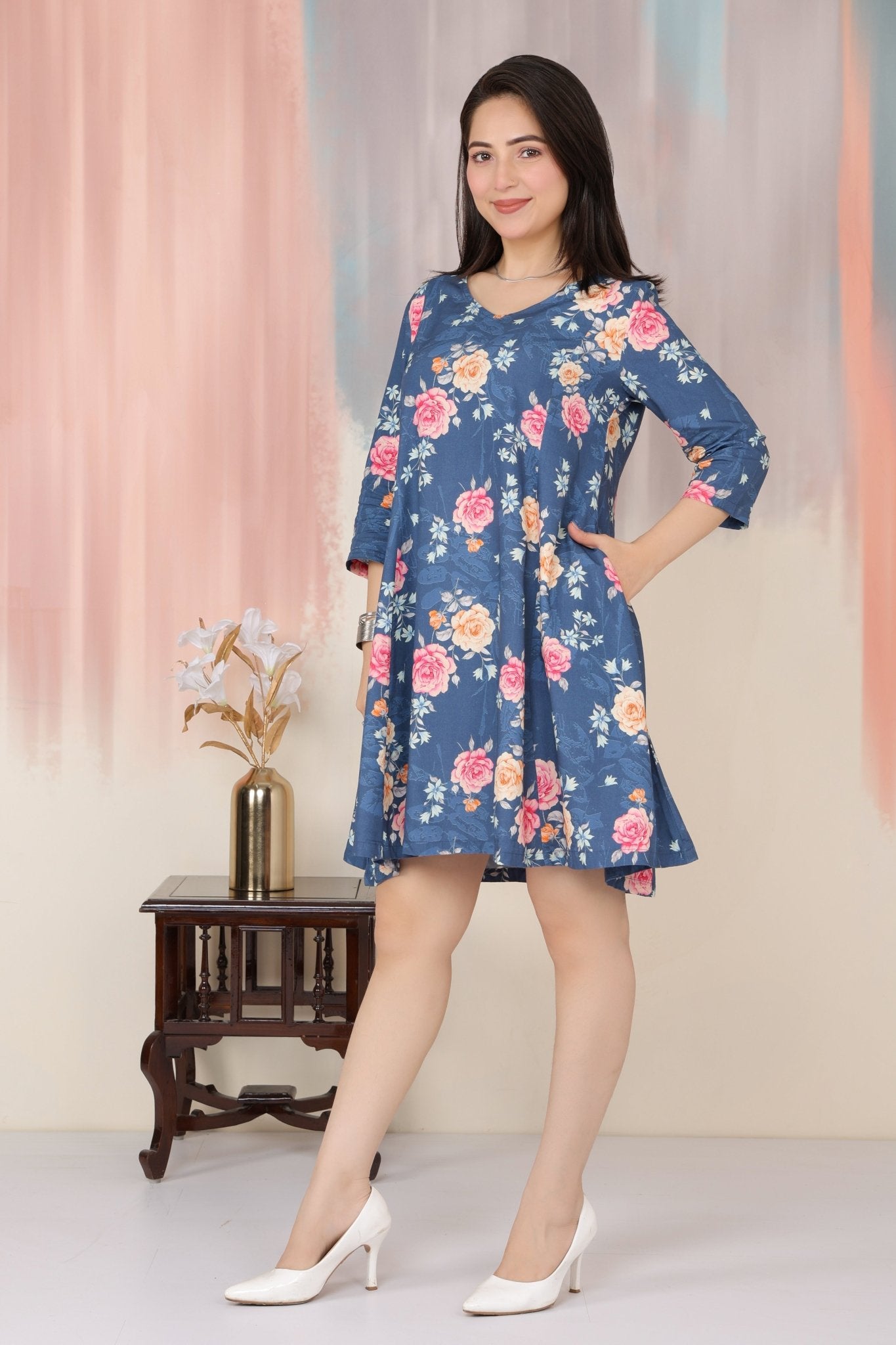 Navy Floral Bliss Dress [100% pure rayon] -Cotton midi dress