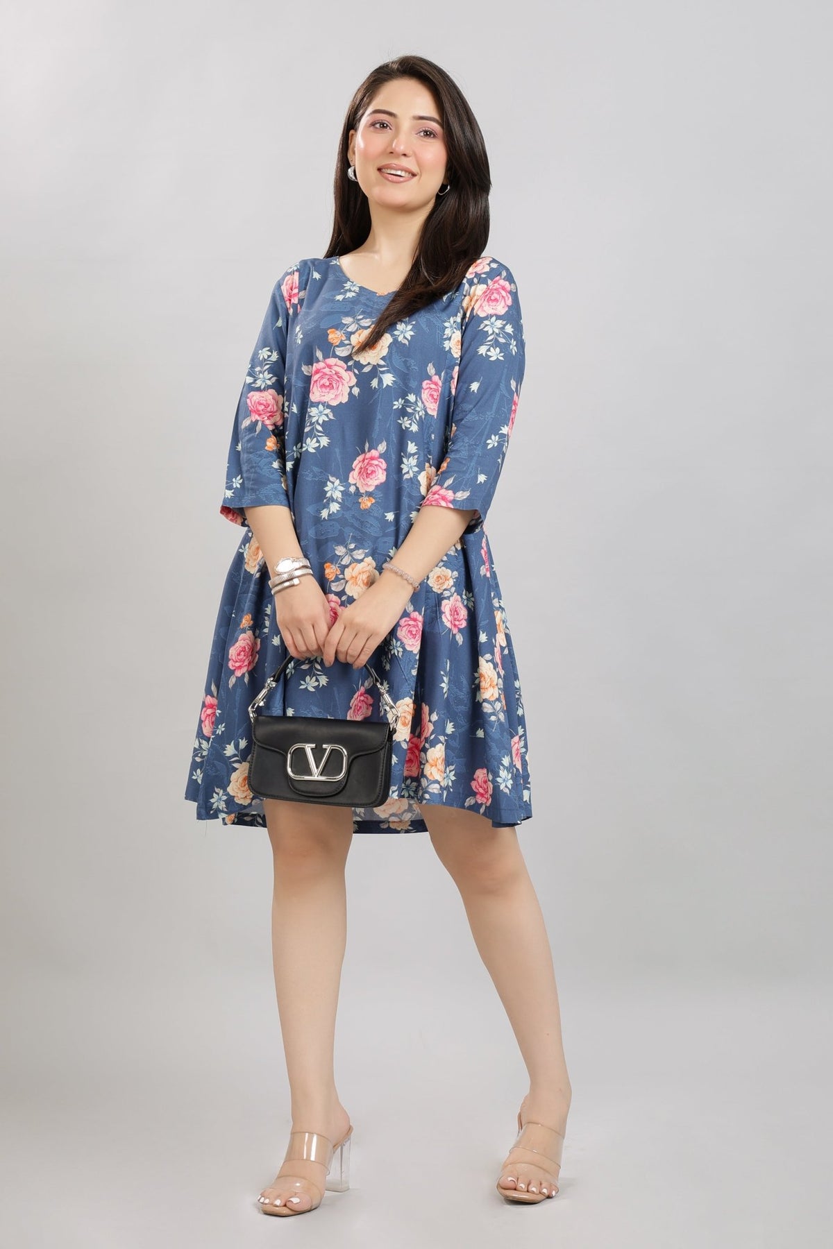 Navy Floral Bliss Dress [100% pure rayon] -Cotton midi dress