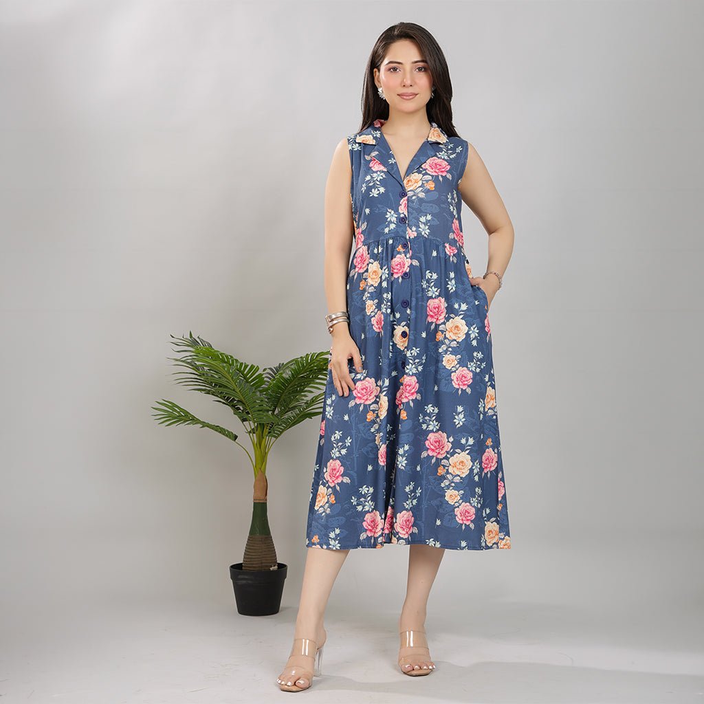 Navy Floral Breeze Shirt Dress [100% pure rayon] -floral breeze shirt dress