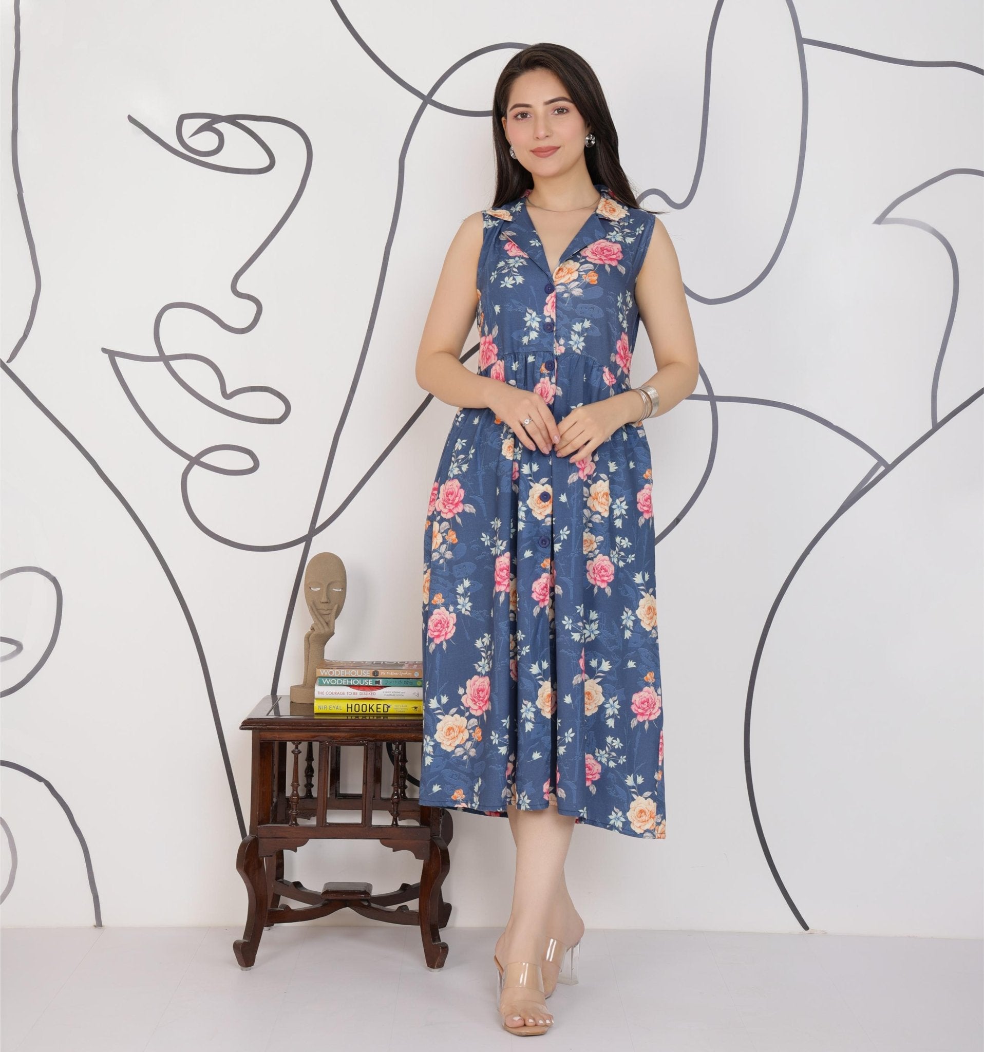 Navy Floral Breeze Shirt Dress [100% pure rayon] -floral breeze shirt dress