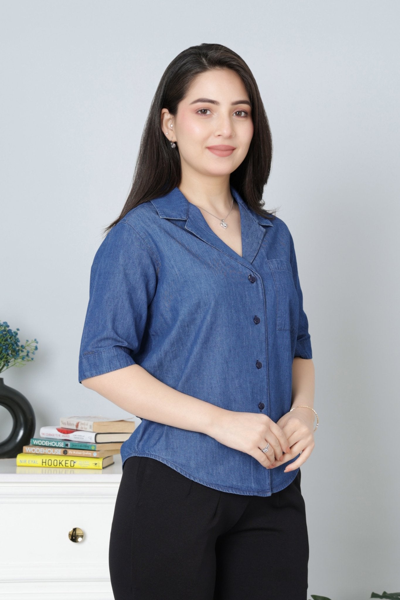 Navy lapel collar top -Lapel collar top