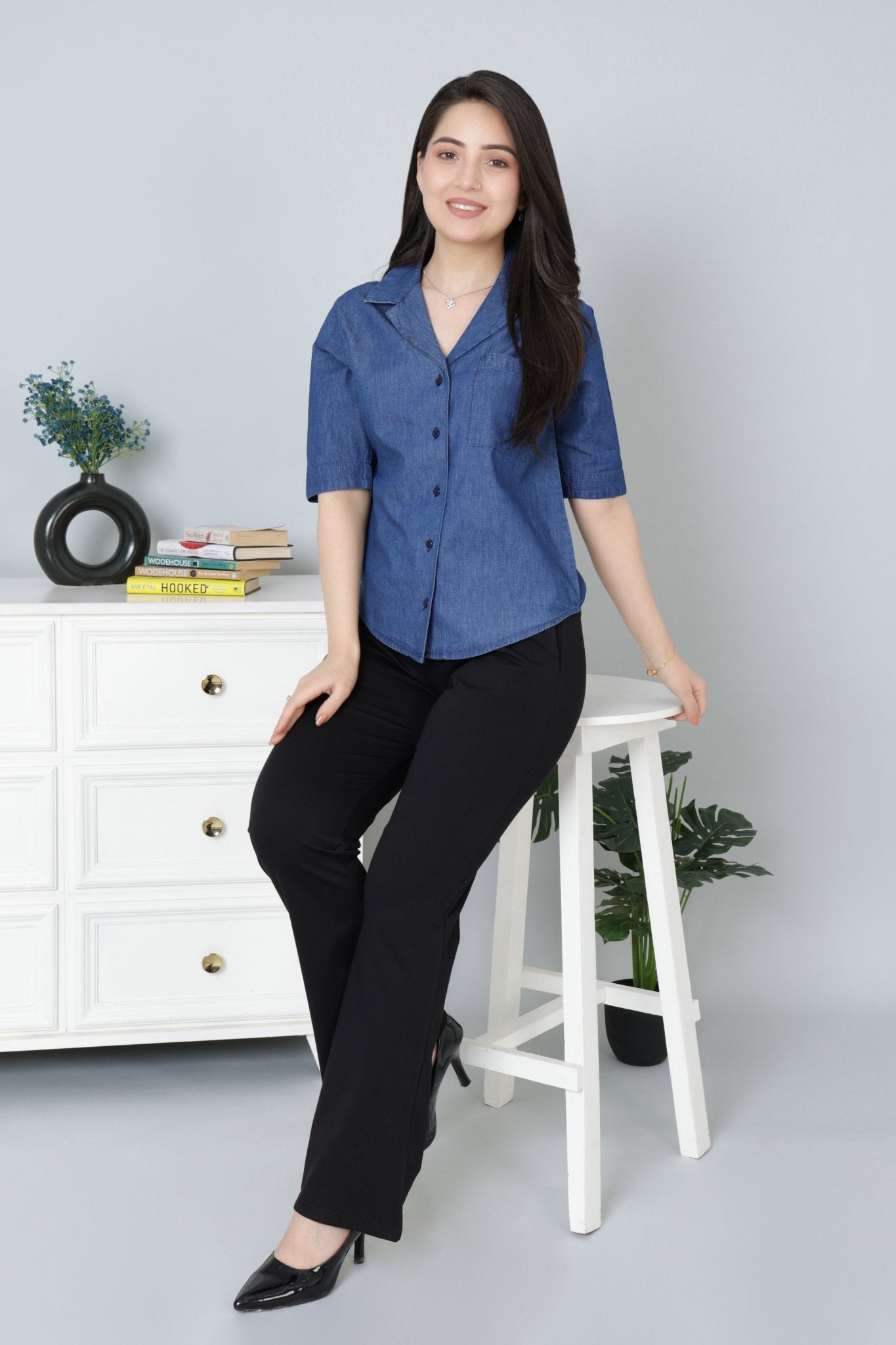 Navy lapel collar top -Lapel collar top