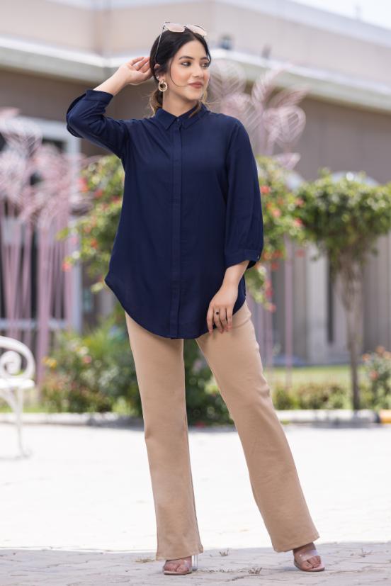 Navy long hemline shirt [ 100% Rayon, Liva Certified ] - Long hemline shirt