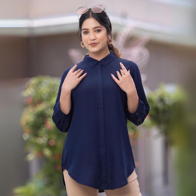 Navy long hemline shirt [ 100% Rayon, Liva Certified ] - Long hemline shirt