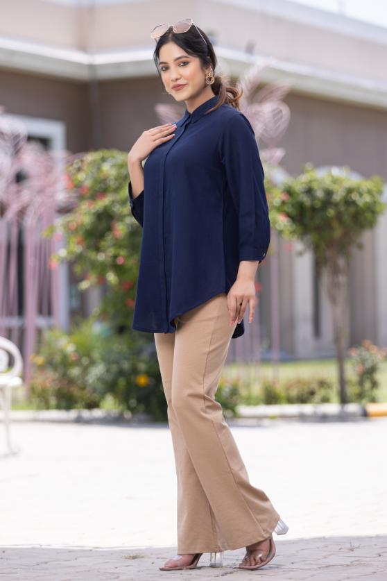 Navy long hemline shirt [ 100% Rayon, Liva Certified ] - Long hemline shirt