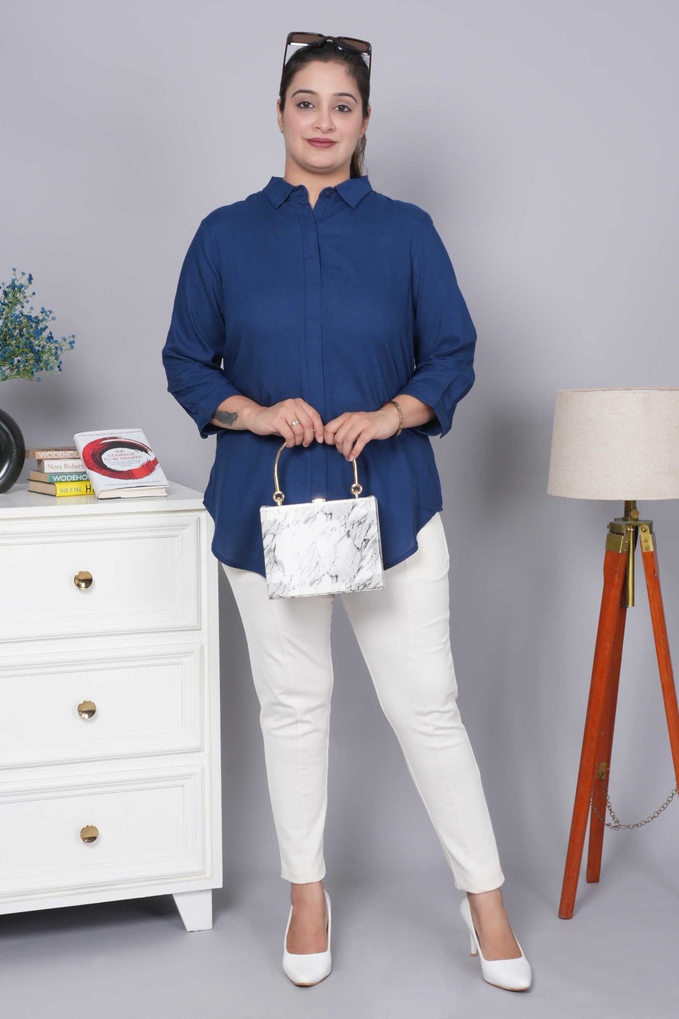 Navy long hemline shirt [ 100% Rayon, Liva Certified ] - Long hemline shirt