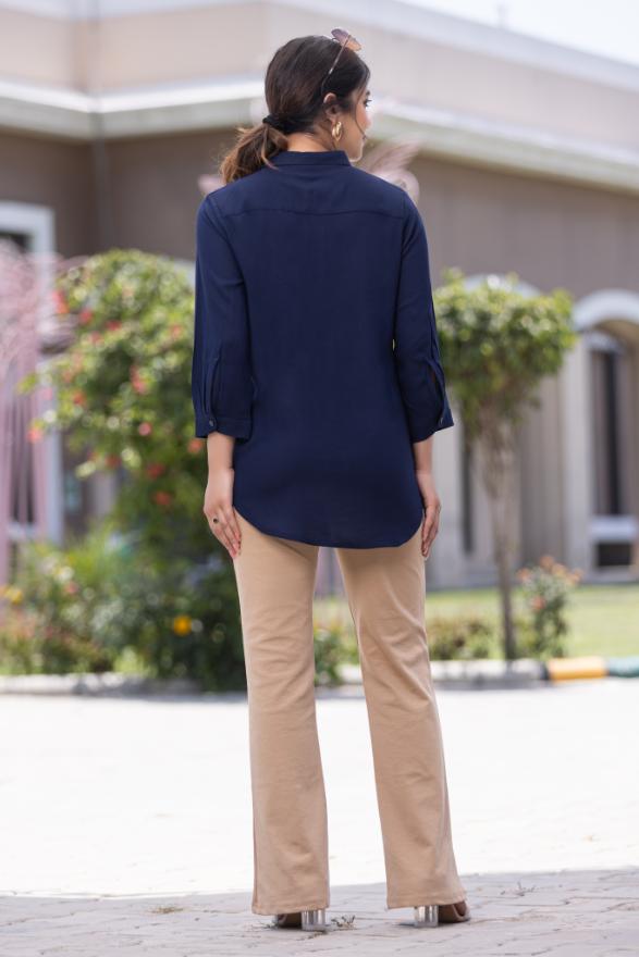 Navy long hemline shirt [ 100% Rayon, Liva Certified ] - Long hemline shirt