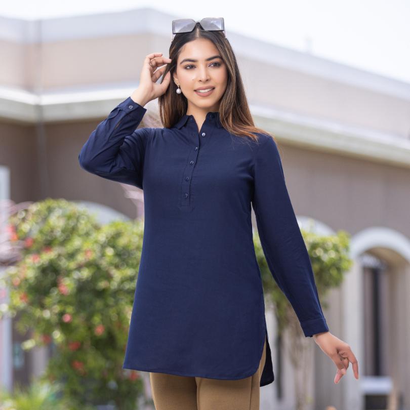 Navy Longline shirt [ 100% Rayon, Liva Certified ] - Long line shirt