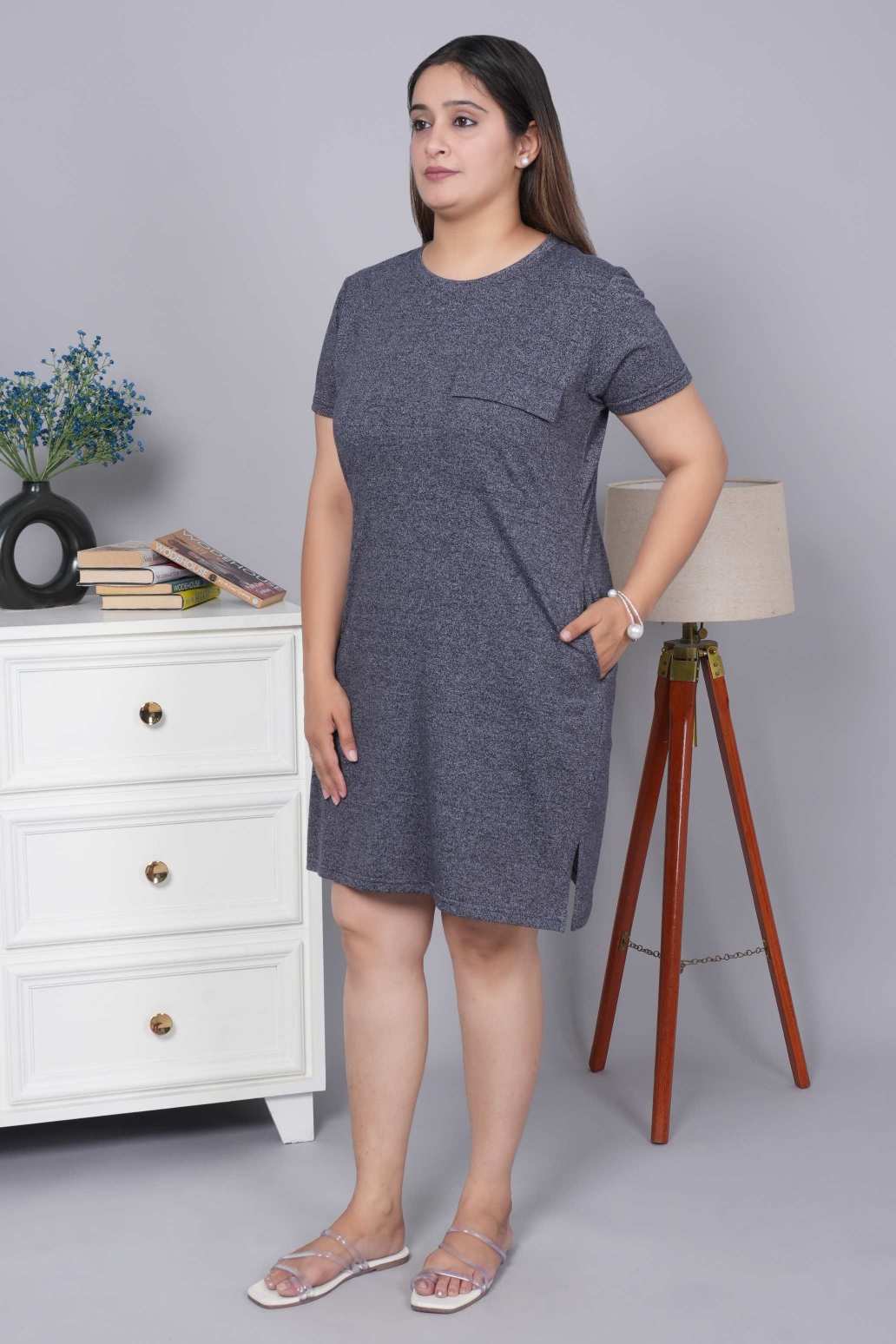 Navy melange cotton round neck dress with flap pocket - Flap pocket dress