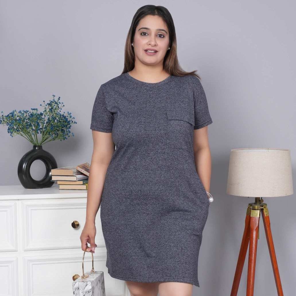 Navy melange cotton round neck dress with flap pocket - Flap pocket dress