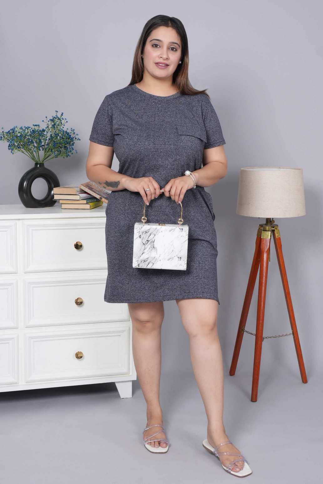 Navy melange cotton round neck dress with flap pocket - Flap pocket dress