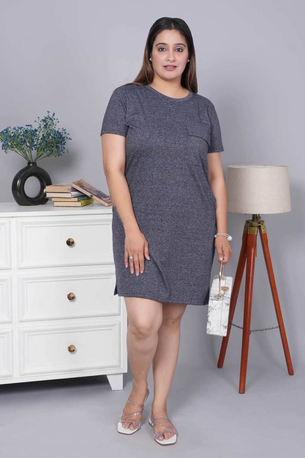 Navy melange cotton round neck dress with flap pocket - Flap pocket dress