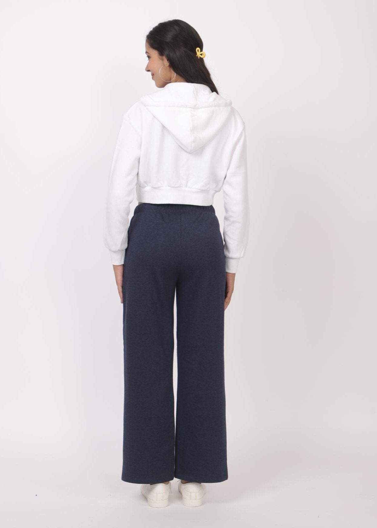 Navy melange stretchable biowash USA HQ winter fleece cotton flare pants with superior elastic belt. - Winter flare pant