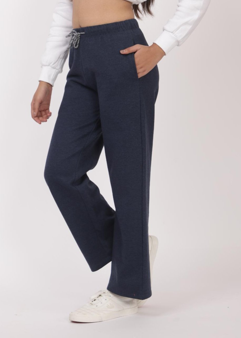 Navy melange stretchable biowash USA HQ winter fleece cotton flare pants with superior elastic belt. - Winter flare pant