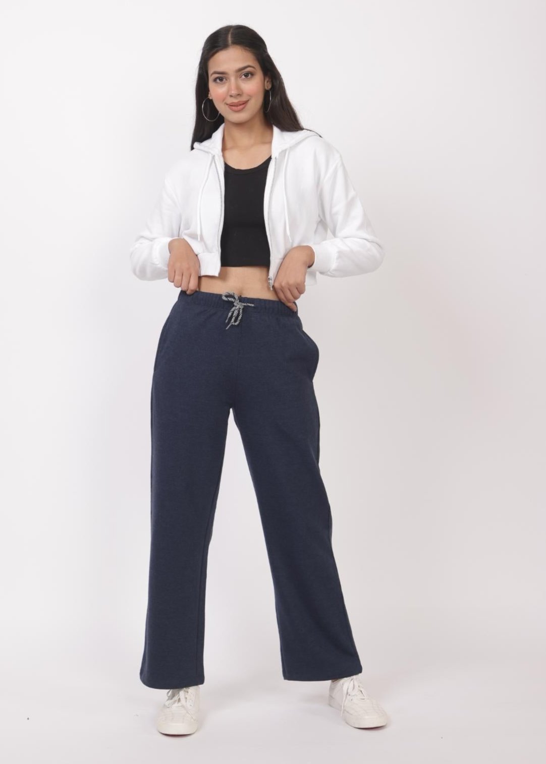 Navy melange stretchable biowash USA HQ winter fleece cotton flare pants with superior elastic belt. - Winter flare pant