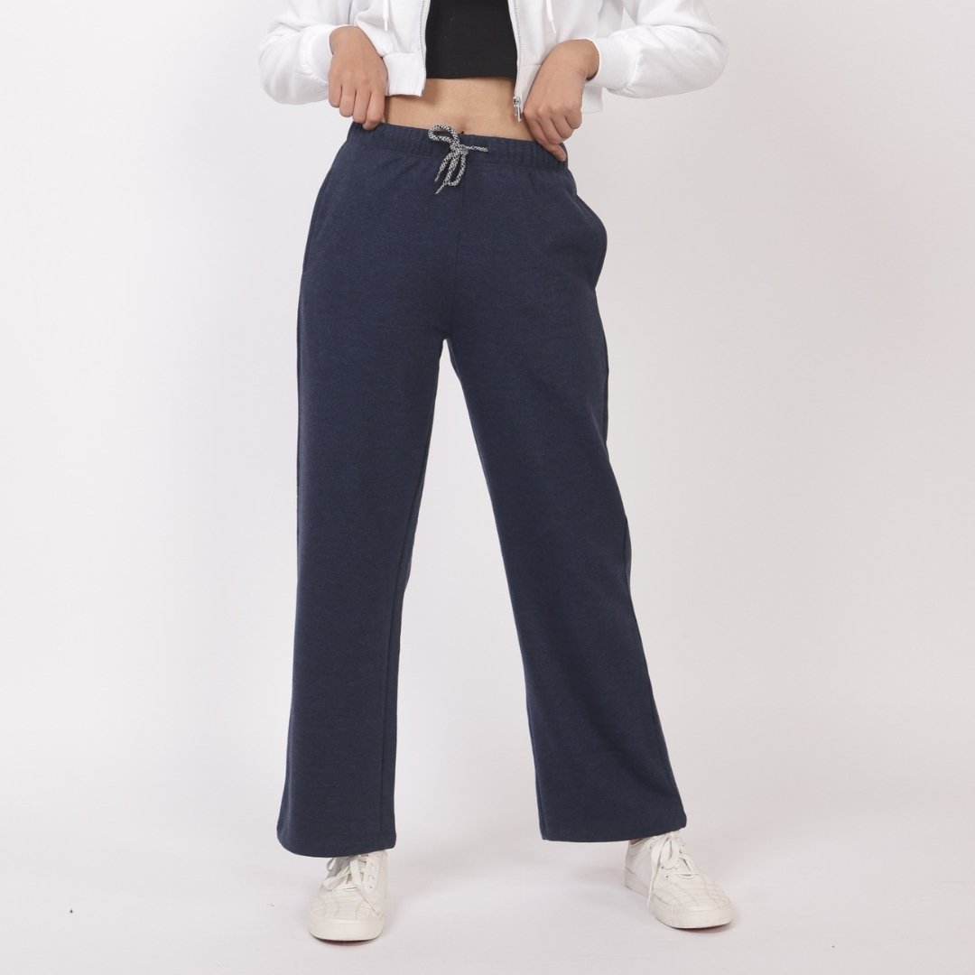 Navy melange stretchable biowash USA HQ winter fleece cotton flare pants with superior elastic belt. - Winter flare pant