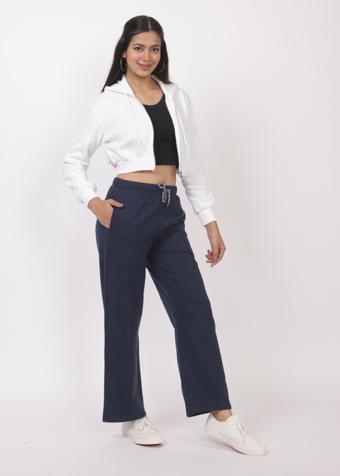 Navy melange stretchable biowash USA HQ winter fleece cotton flare pants with superior elastic belt. - Winter flare pant