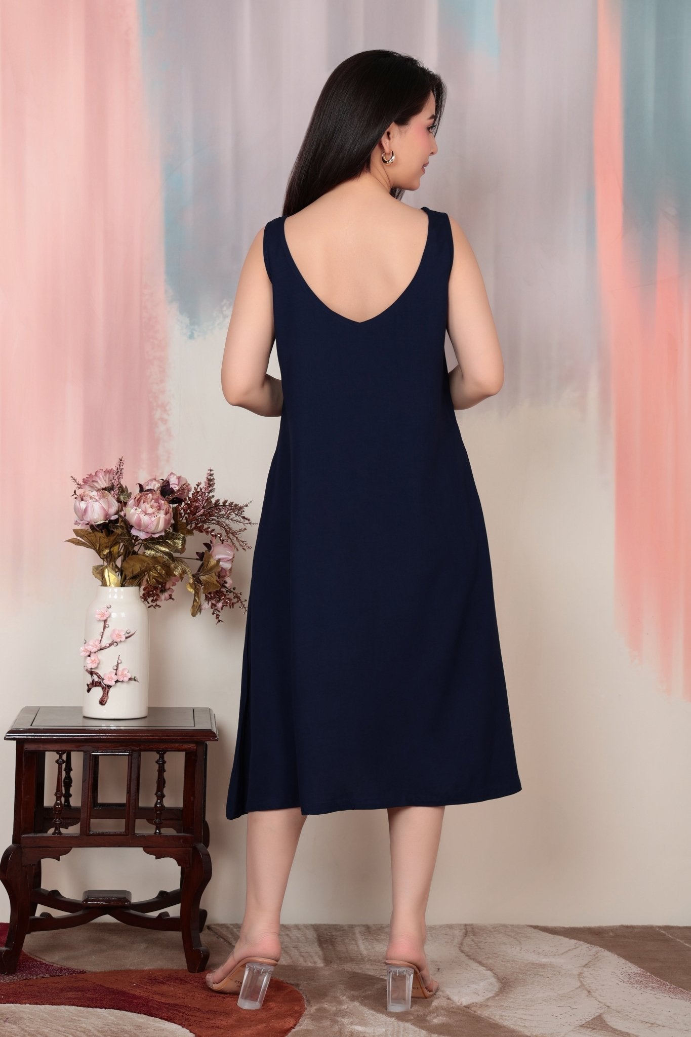 Navy rayon flare dress with pocket [ Premium 100% Rayon, Liva Certified ] -Rayon flare dress with pocket