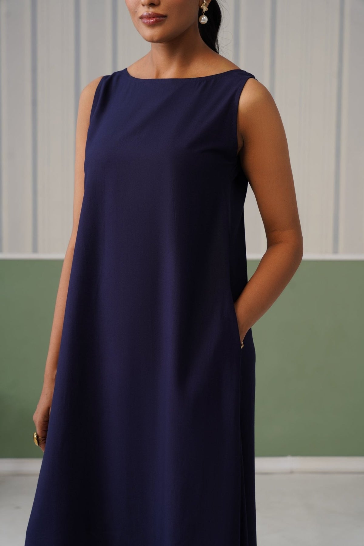 Navy rayon flare dress with pocket [ Premium 100% Rayon, Liva Certified ] -Rayon flare dress with pocket