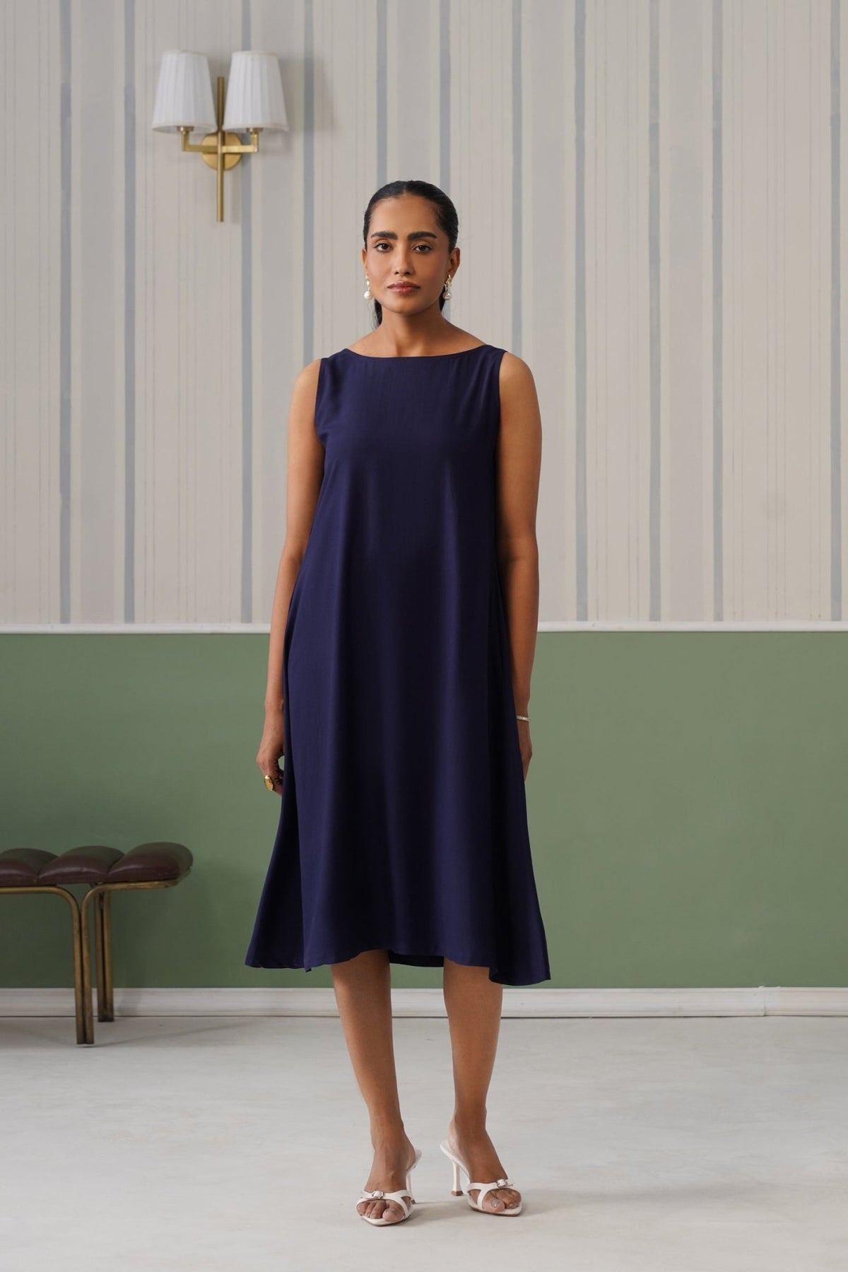 Navy rayon flare dress with pocket [ Premium 100% Rayon, Liva Certified ] -Rayon flare dress with pocket