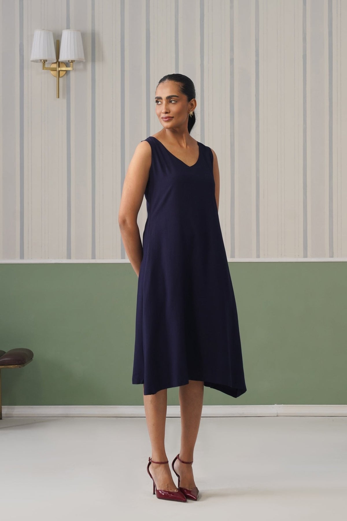 Navy rayon line dress with pocket [ Premium 100% Rayon, Liva Certified ] -Rayon line dress with pocket
