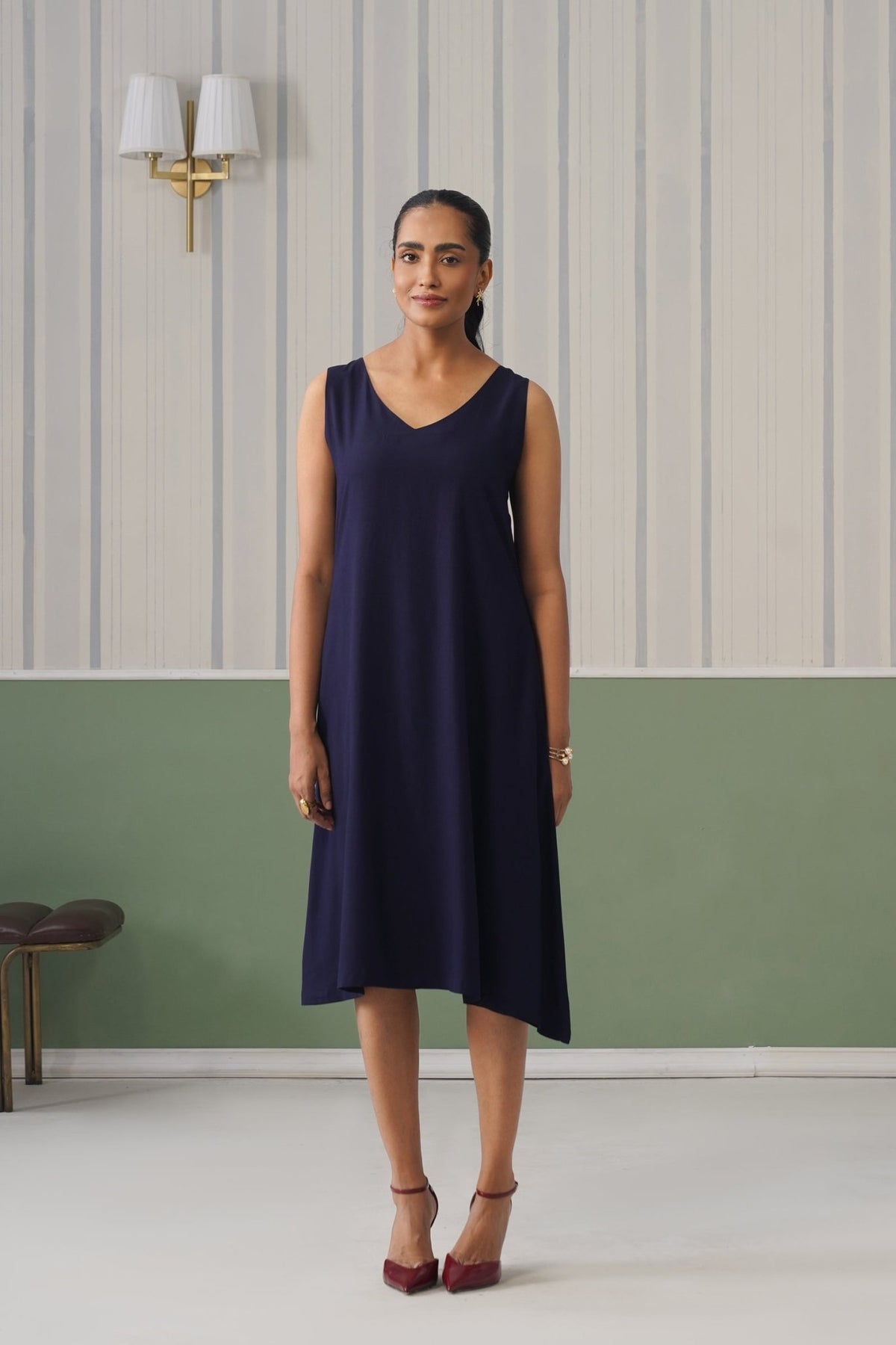 Navy rayon line dress with pocket [ Premium 100% Rayon, Liva Certified ] -Rayon line dress with pocket