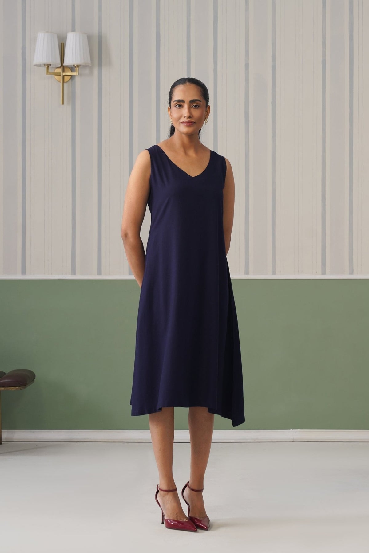 Navy rayon line dress with pocket [ Premium 100% Rayon, Liva Certified ] -Rayon line dress with pocket