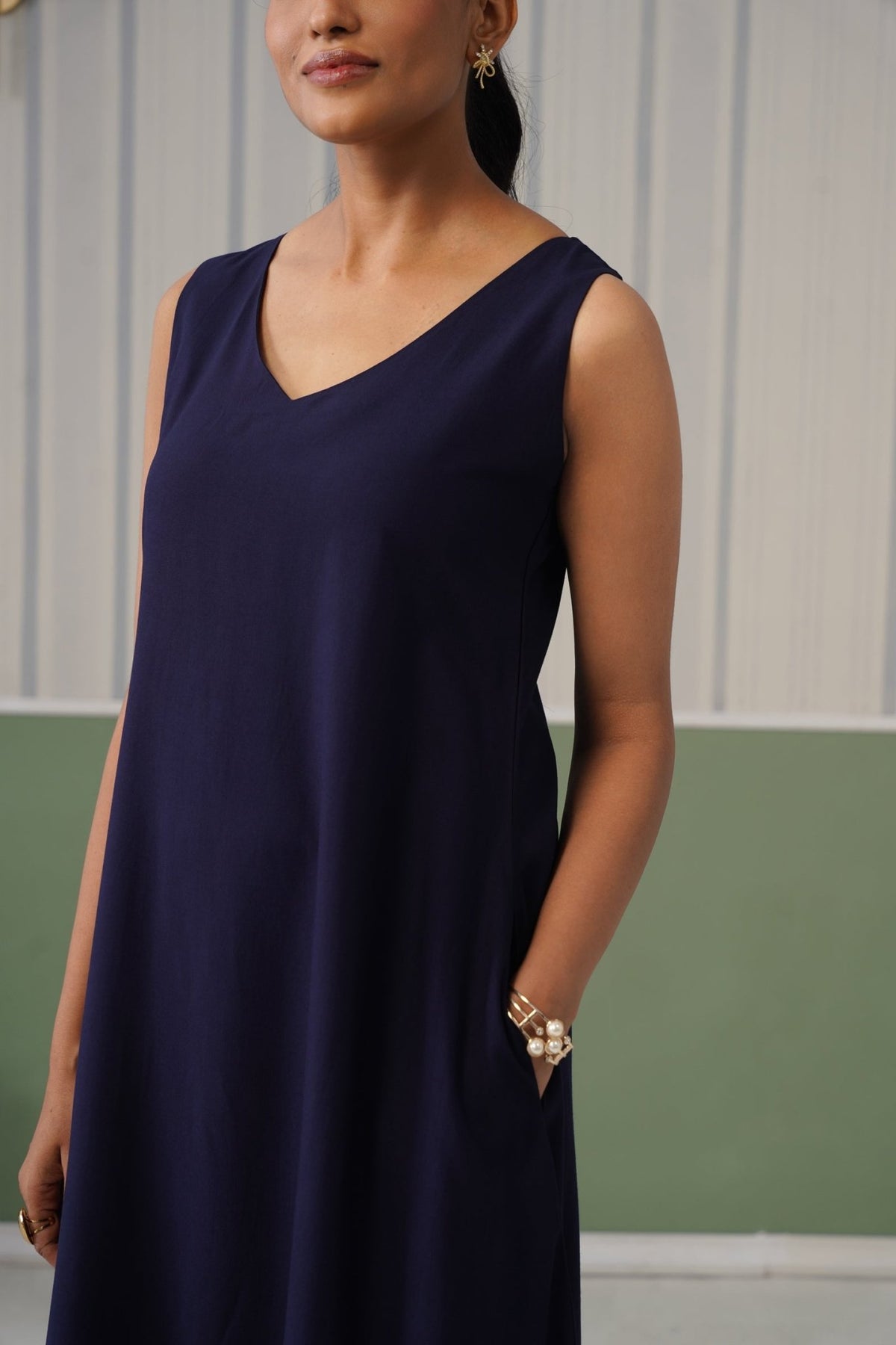 Navy rayon line dress with pocket [ Premium 100% Rayon, Liva Certified ] -Rayon line dress with pocket
