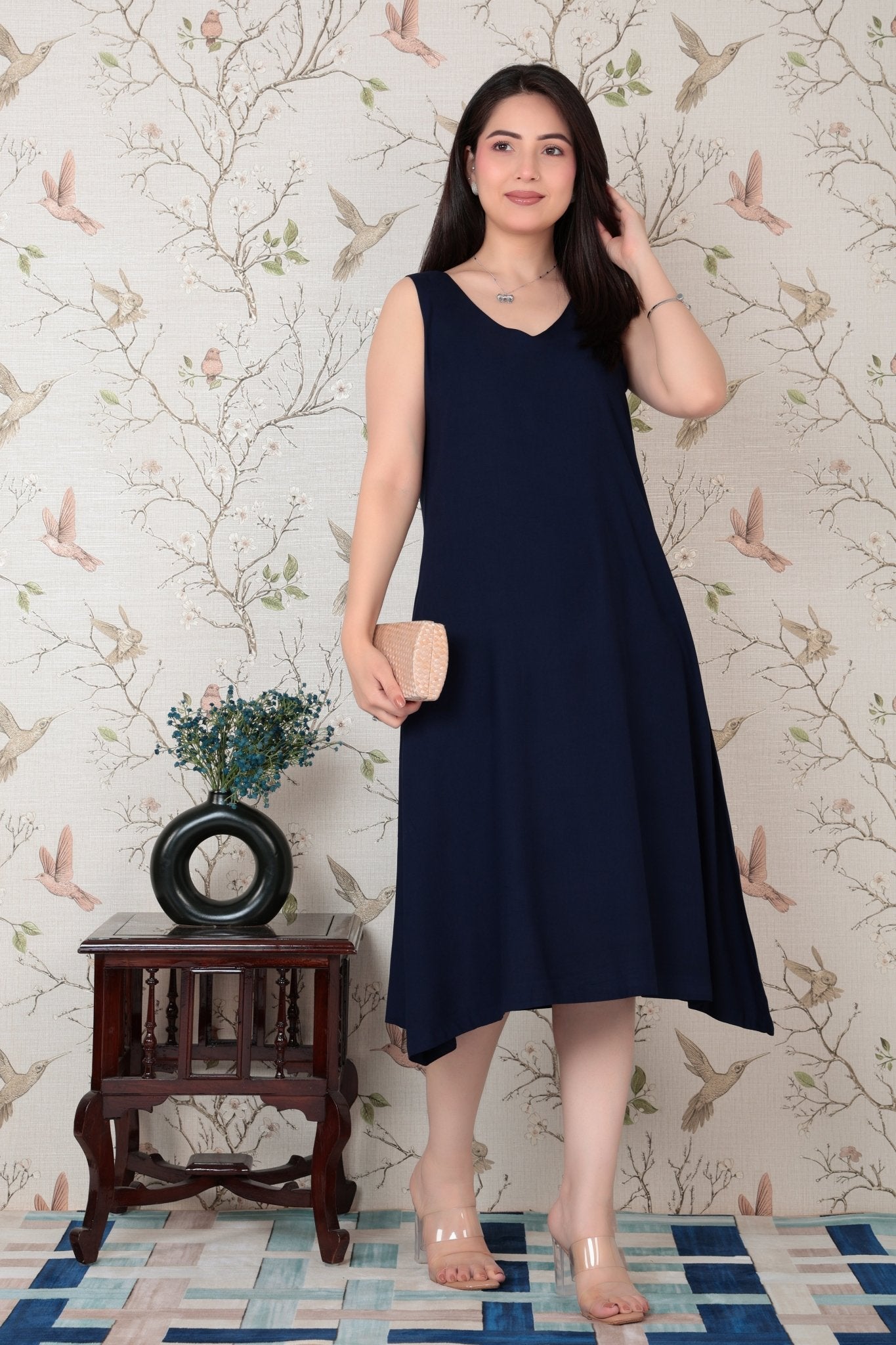 Navy rayon line dress with pocket [ Premium 100% Rayon, Liva Certified ] -Rayon line dress with pocket