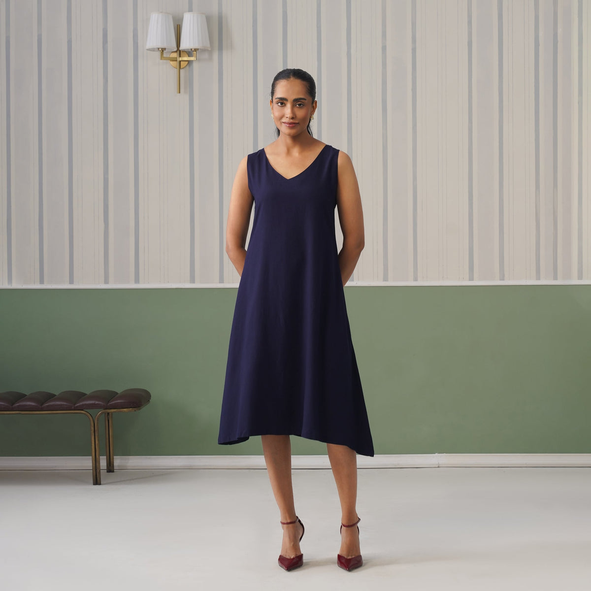 Navy rayon line dress with pocket [ Premium 100% Rayon, Liva Certified ] -Rayon line dress with pocket