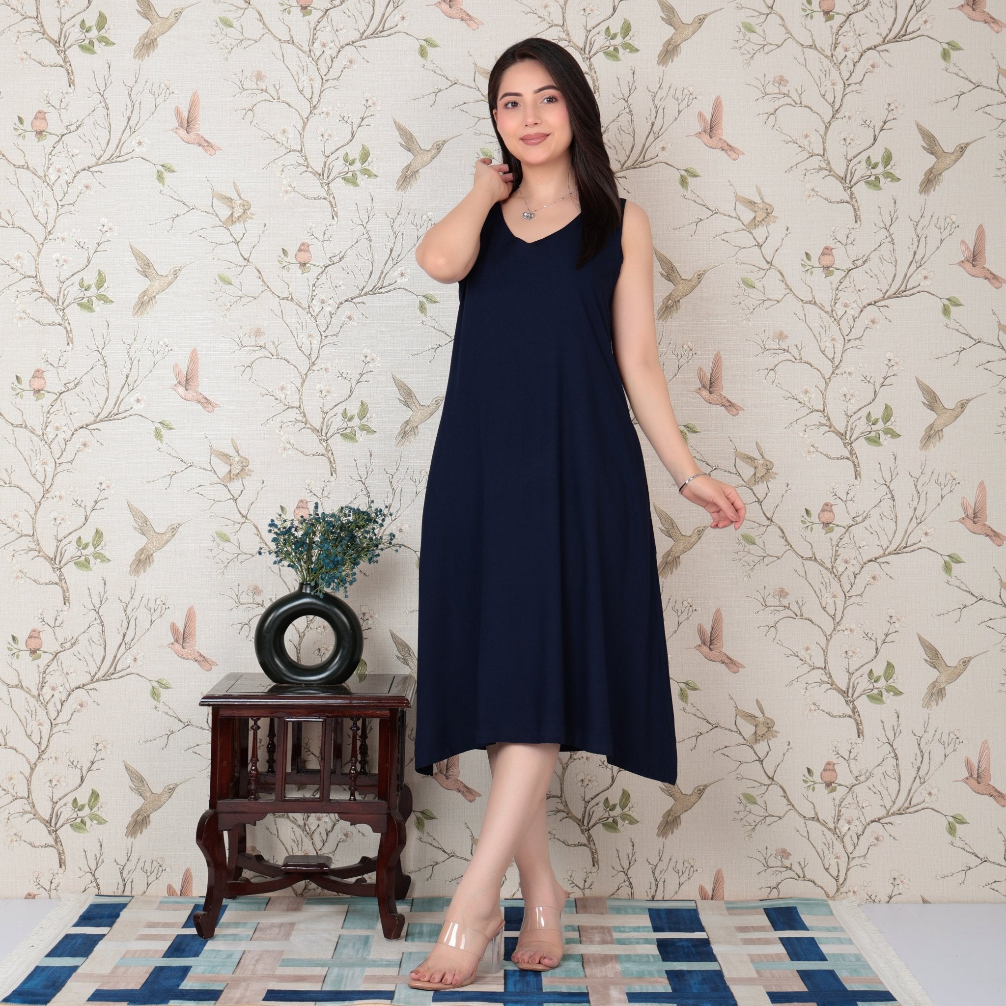 Navy rayon line dress with pocket [ Premium 100% Rayon, Liva Certified ] -Rayon line dress with pocket