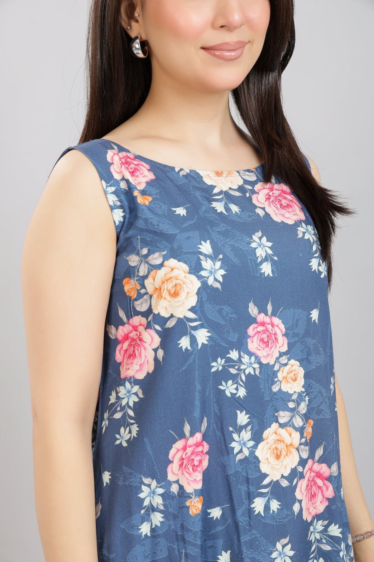 Navy rayon Printed Flare Dress [100% pure rayon ] -Cotton midi dress