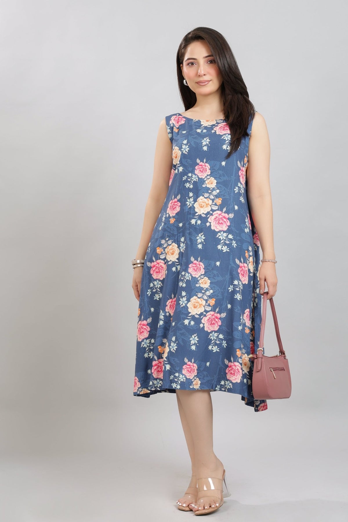 Navy rayon Printed Flare Dress [100% pure rayon ] -Cotton midi dress
