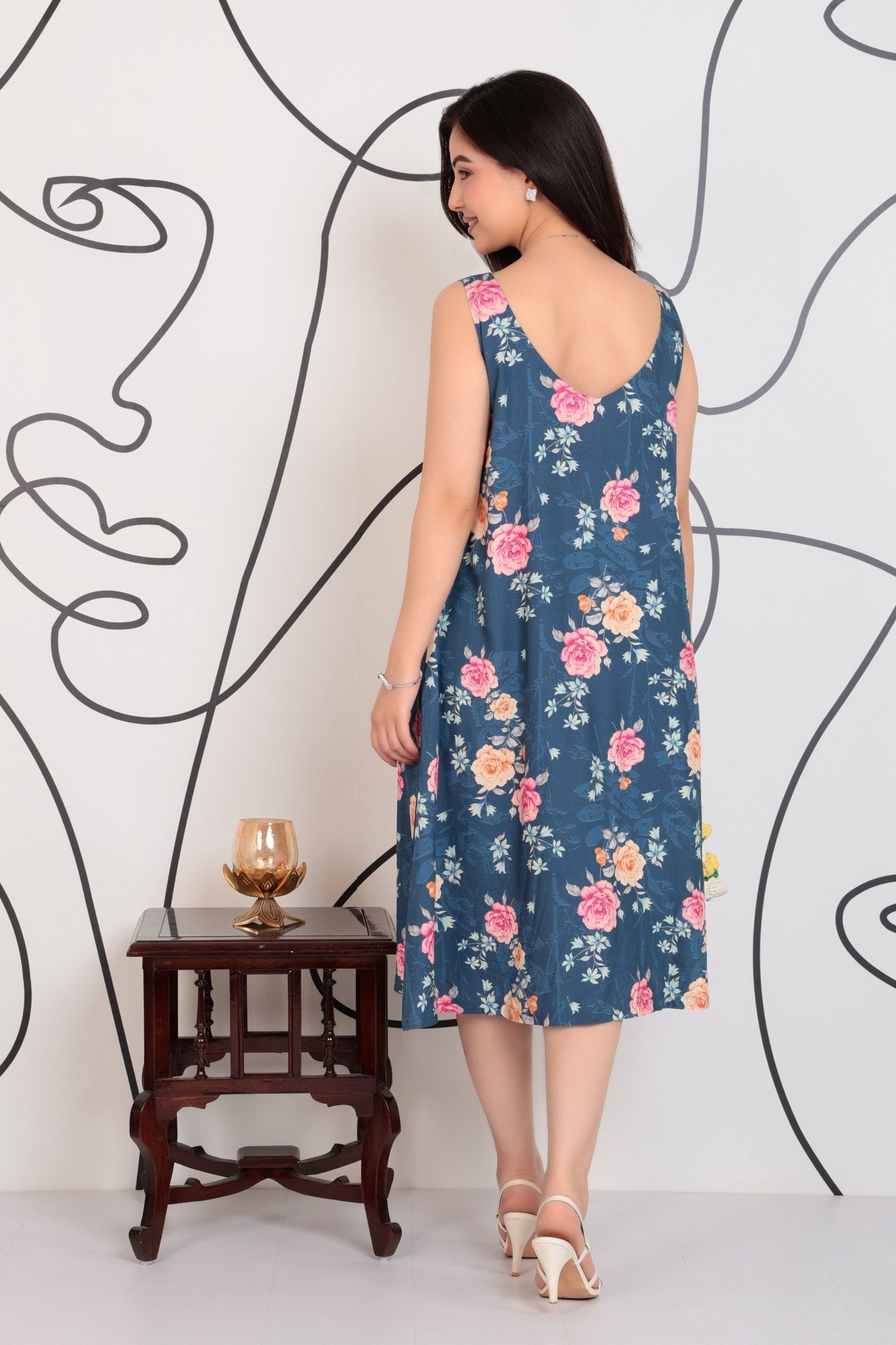 Navy rayon Printed Flare Dress [100% pure rayon ] -Cotton midi dress