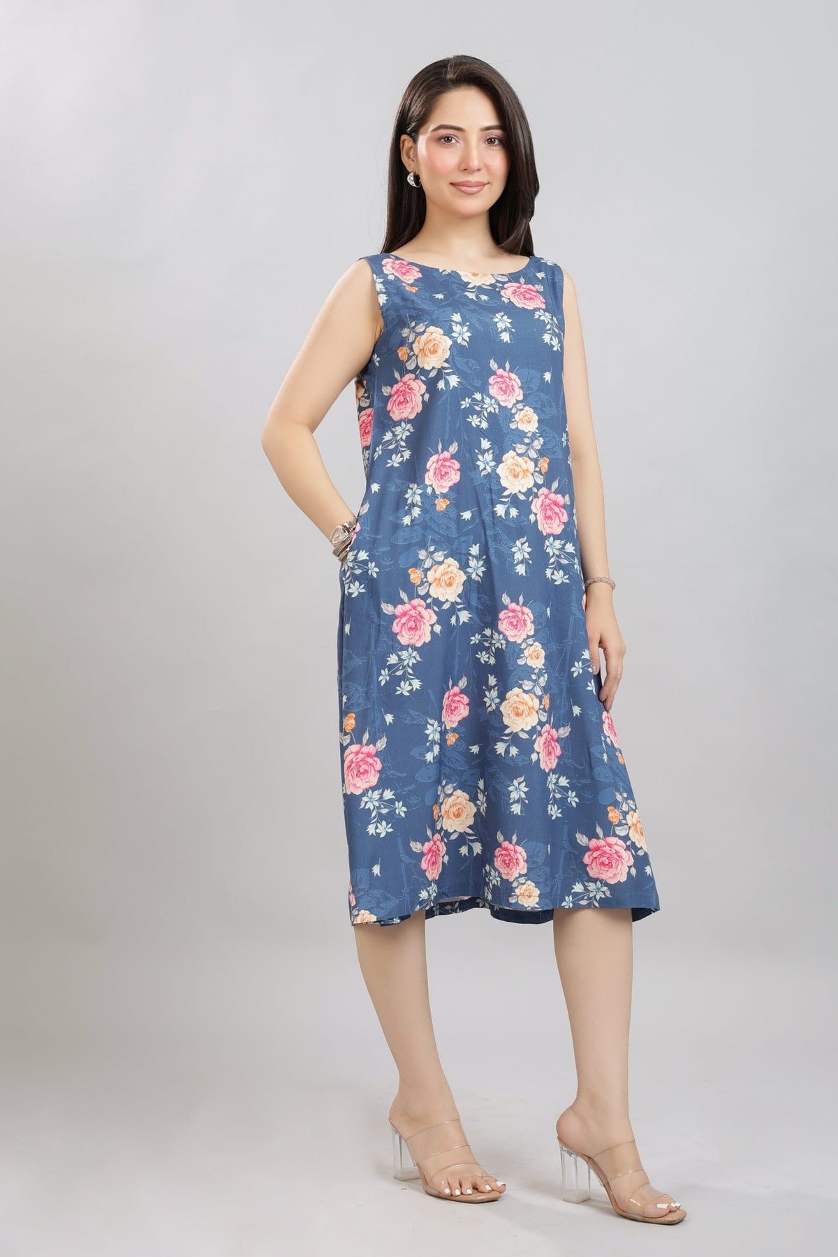 Navy rayon Printed Flare Dress [100% pure rayon ] -Cotton midi dress
