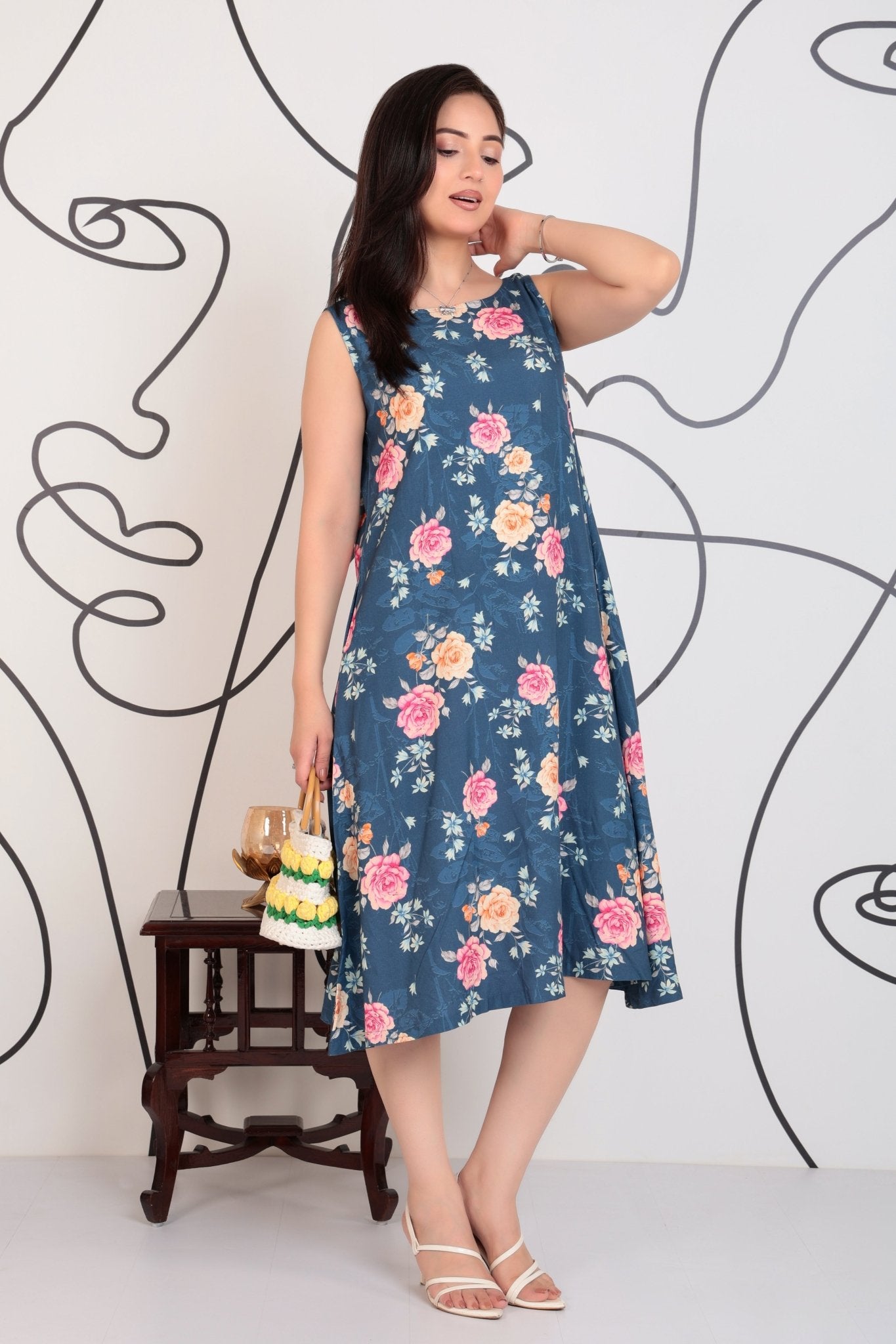 Navy rayon Printed Flare Dress [100% pure rayon ] -Cotton midi dress