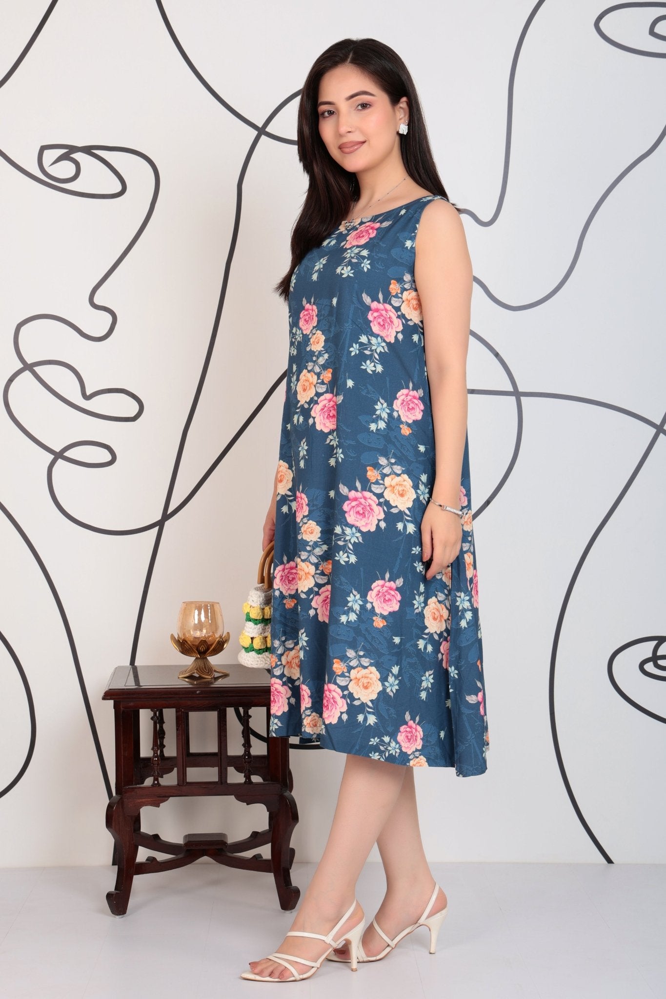Navy rayon Printed Flare Dress [100% pure rayon ] -Cotton midi dress