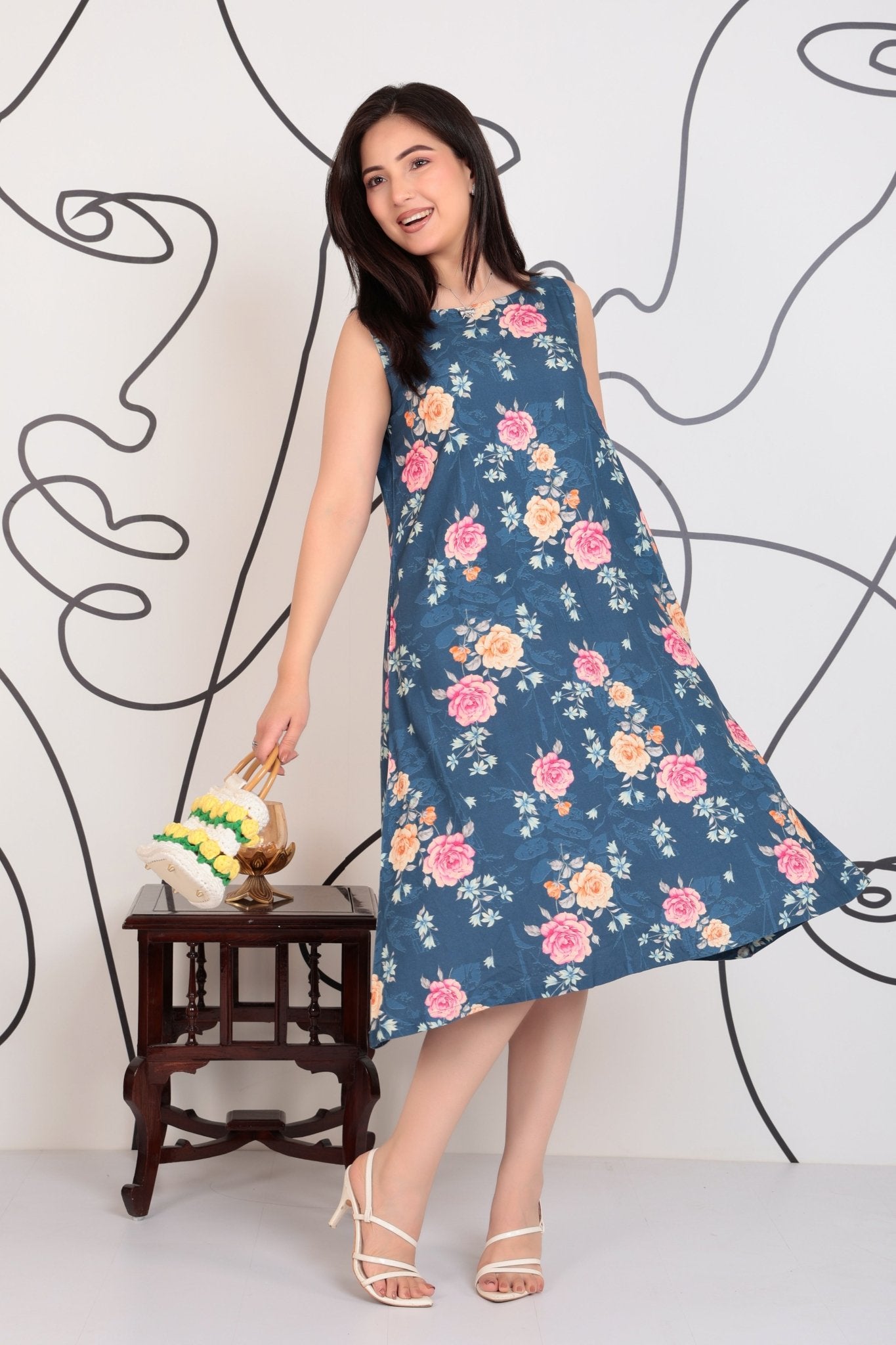 Navy rayon Printed Flare Dress [100% pure rayon ] -Cotton midi dress