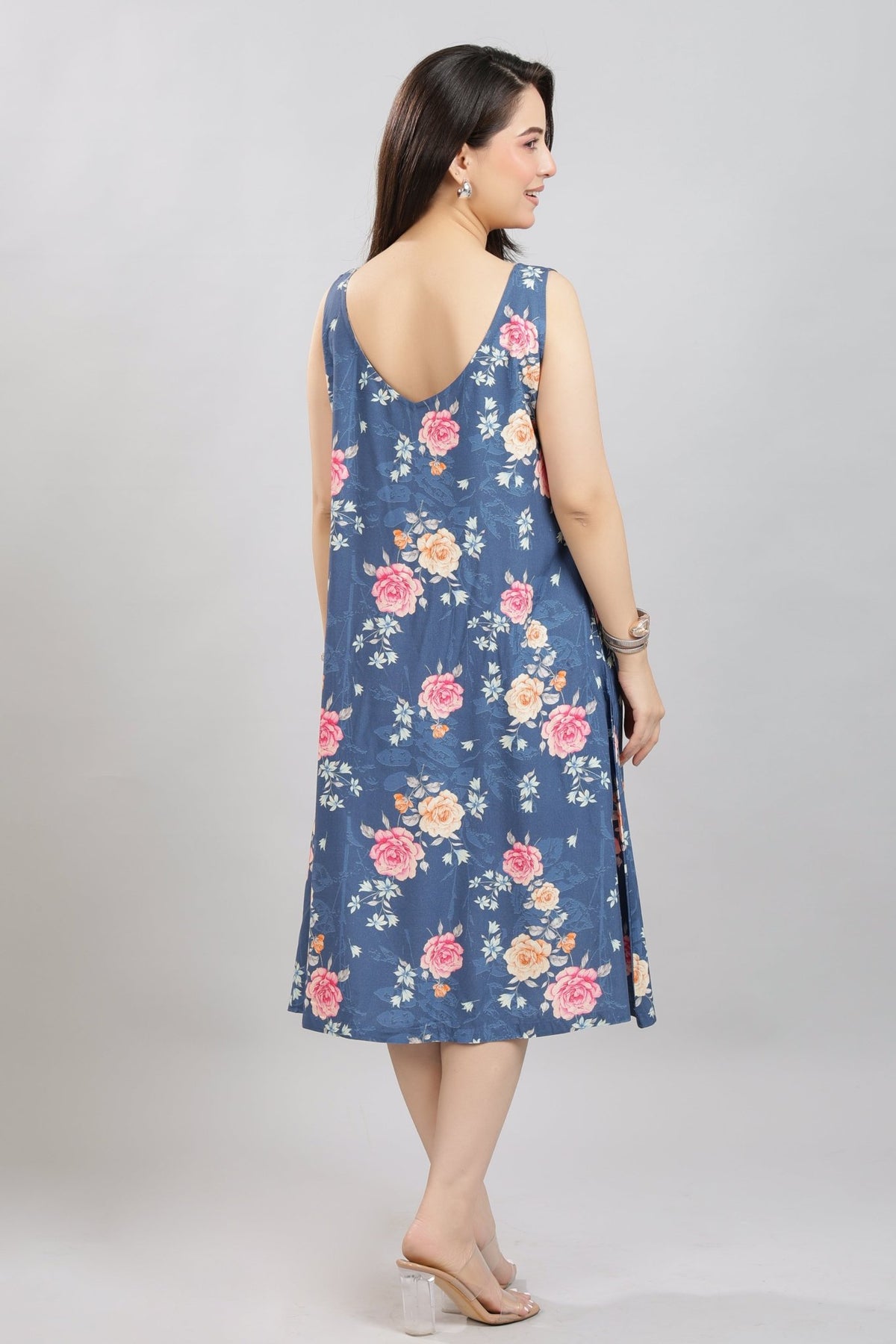 Navy rayon Printed Flare Dress [100% pure rayon ] -Cotton midi dress