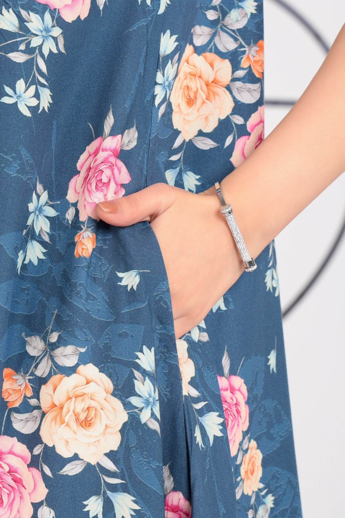 Navy rayon Printed Flare Dress [100% pure rayon ] -Cotton midi dress