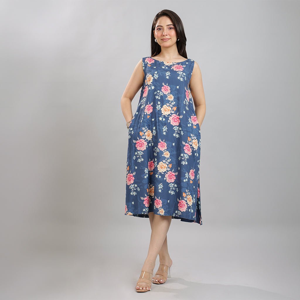 Navy rayon Printed Flare Dress [100% pure rayon ] -Cotton midi dress